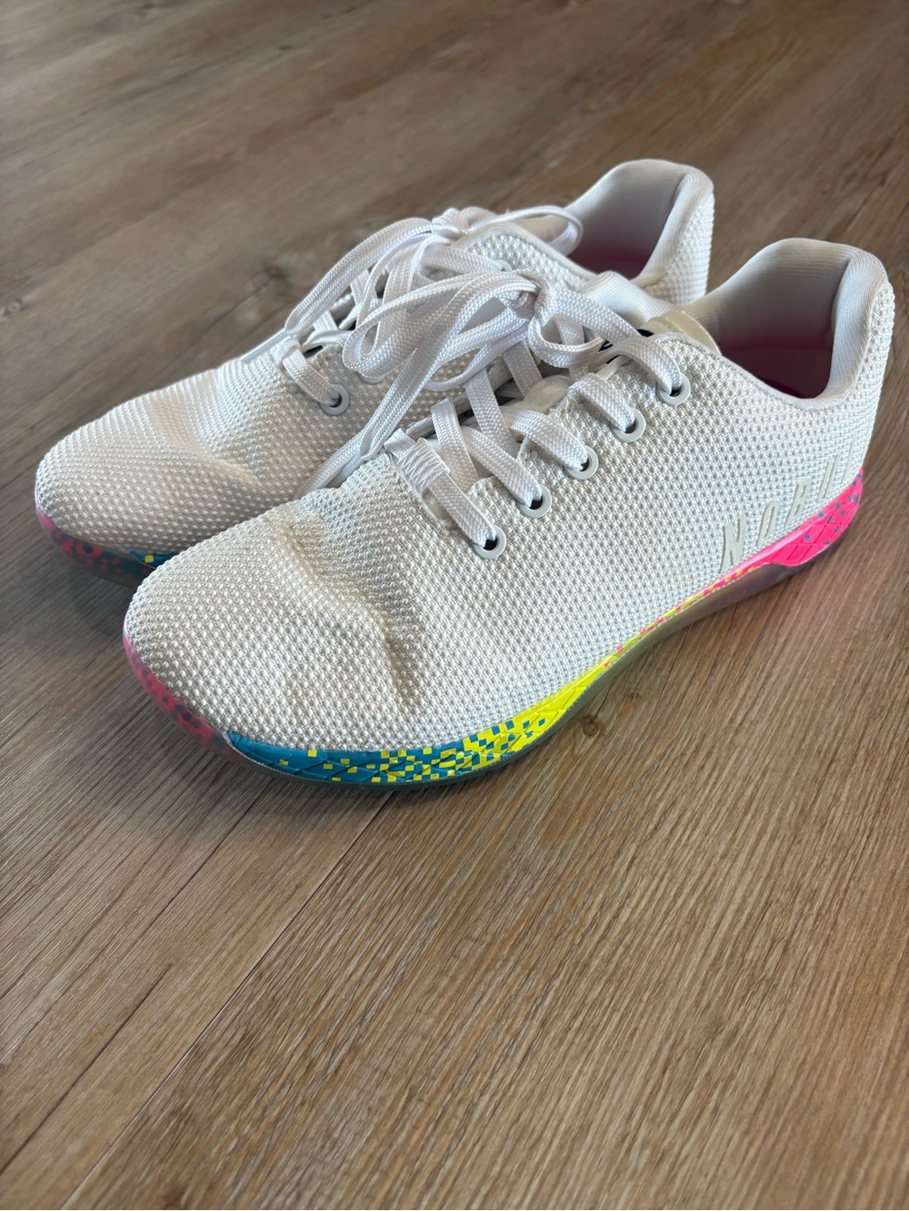 NOBULL White Mesh Trainers with Multicolor Neon Sole